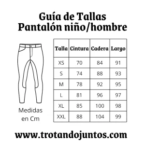 Tabla de tallas y medidas para pantalones de equitación para niño y hombre