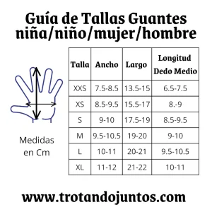 Tabla de tallas y medidas para guantes de cuero de equitación niño, niña, mujer, hombre